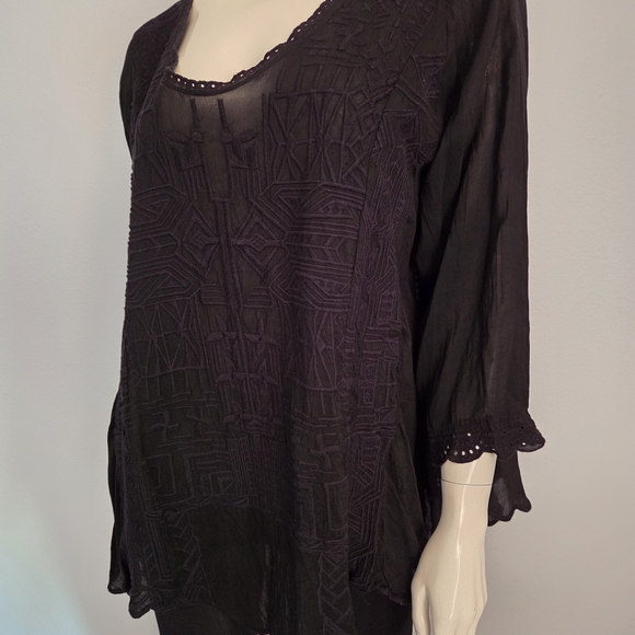 Johnny Was Black Sheer Embroidered Boho Scoop Neck Top Size M - Picture 1 of 8